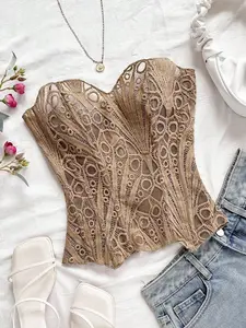 American Young Vacation Sexy Avant-Garde Double-Layer Fitted Corset Bustier, Khaki Hollow Embroidered Shapewear