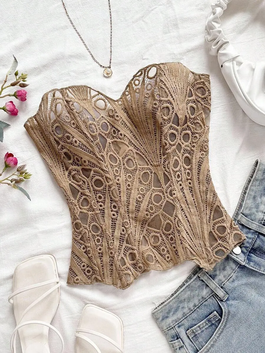 American Young Vacation Sexy Avant-Garde Double-Layer Fitted Corset Bustier, Khaki Hollow Embroidered Shapewear