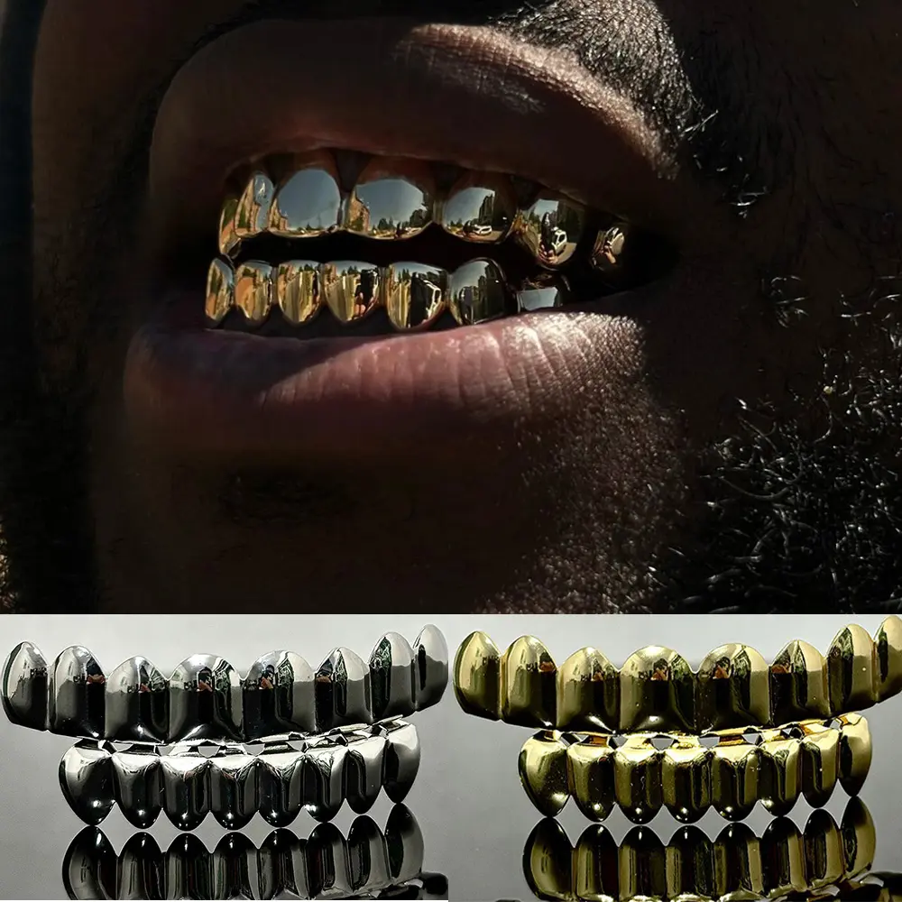 Hip Hop 8/8 Glossy Teeth Grillz Gold Silver Color Tooth Caps Braces Top Bottom Dental Grills For Women Men Jewelry