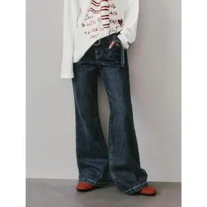 URBAN REVIVO 2026 Spring New Women's Trendy Washed Cotton Fabric Belted Flare Denim Bottoms, Comfortable Hip-Flattering Jeans UYV860028