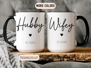 [Made In US] Hubby & Wifey Coffee Mug Set – Personalized Wedding Mugs with Est. Date, Newlywed Gift for Husband & Wife