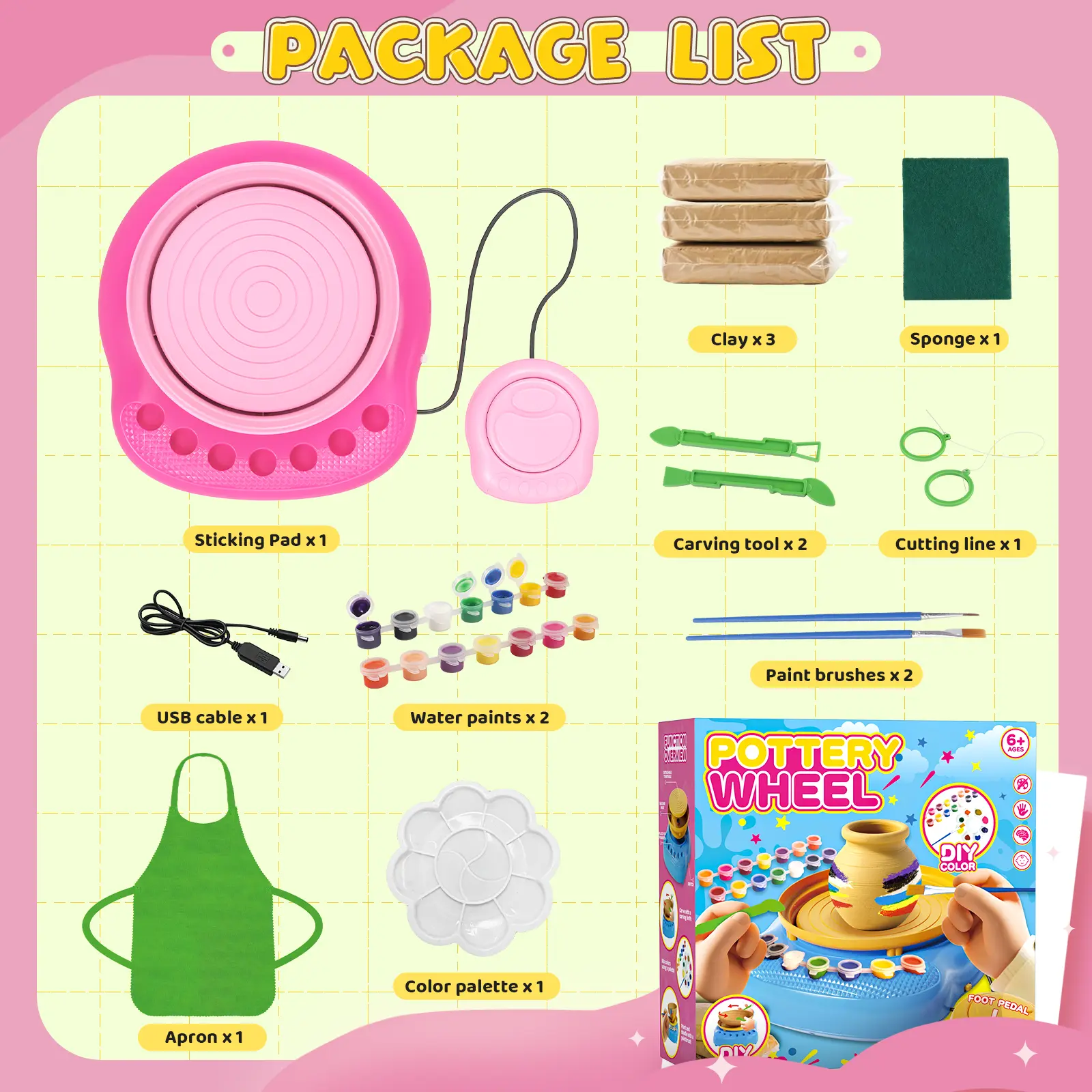 Children's Pottery Wheel Set Complete DIY Kit for Beginners 8-12 with 3 Air-Dry Clay Packs & Tools Art Toy Ideal Birthday Gift for Boys Girls Ages 6+