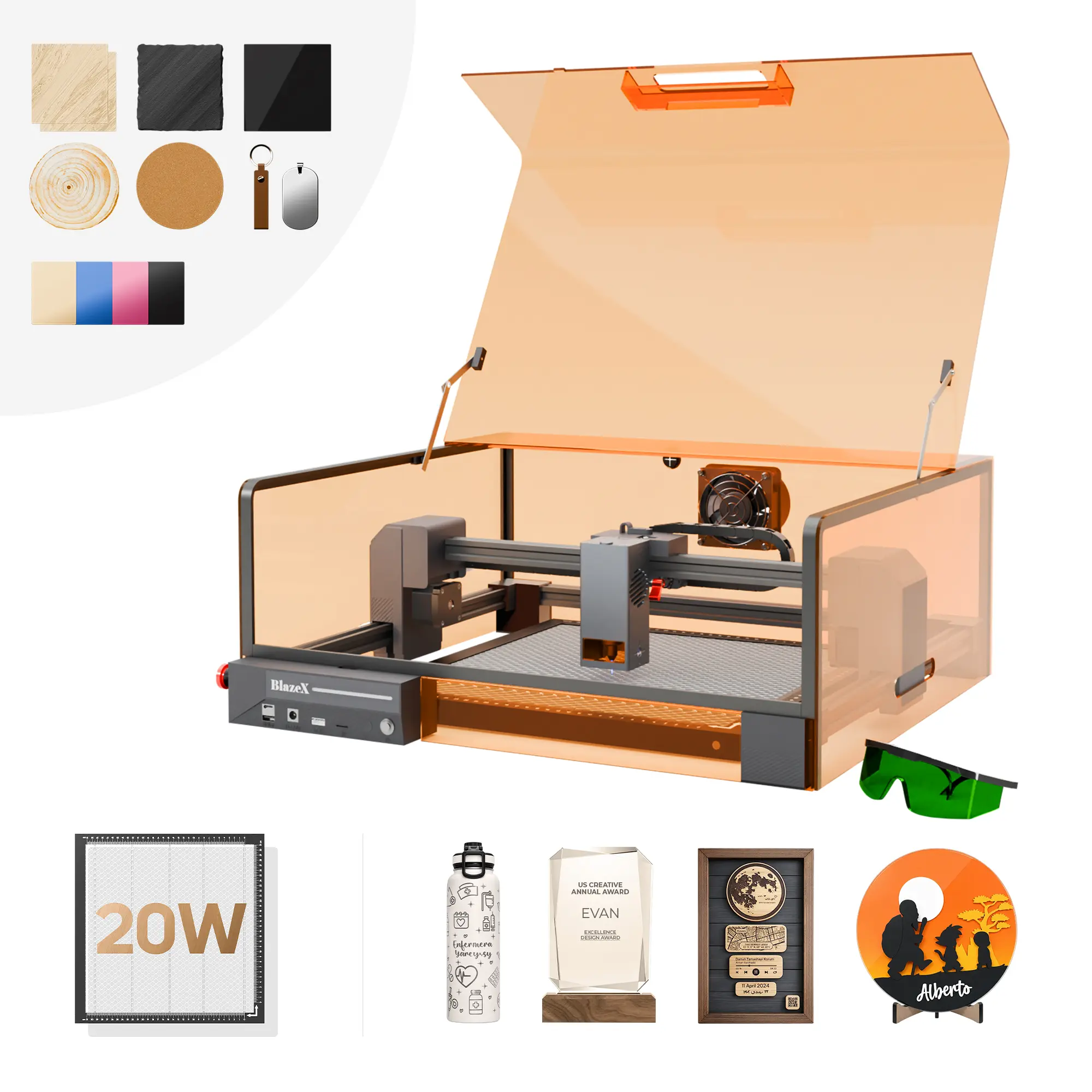 BlazeX M2 Pro 20W Laser Engraver Machine, 0.01mm Ultra-Precision Laser Cutter and Engraver Machine for Wood Metal Glass Leather, with Enclosure Honeycomb Engraving Materials