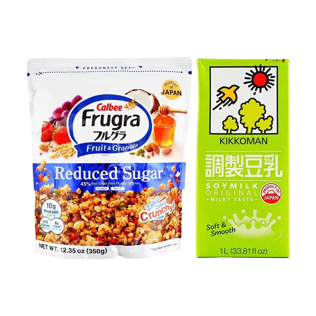 Calbee Frugra Reduced Sugar Fruit Granola Cereal 350g + Kikkoman Original Soy Milk 1L - Healthy Breakfast Bundle