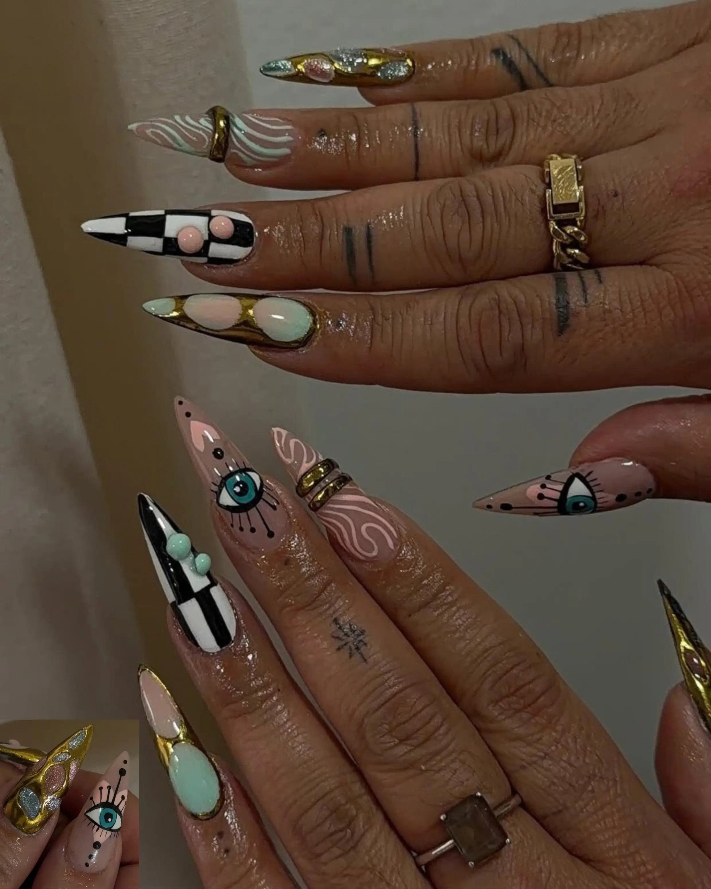 Abstract Eye Press On Nails, Gold Chrome Art Nails, Checkerboard Nails, Retro Swirl Nails, Evil Eye Aesthetic Nails, Handmade Reusable Glue On Fake Nails