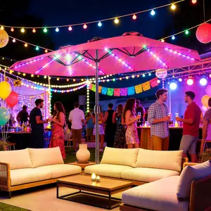 [Vibe Boost]15ft Double-Sided Patio Umbrella with RGB Solar LED Lights, 4 Lighting Modes, 135 sq ft Large Shade, 99.9% UV Protection with Included Base for Backyard, Poolside, Garden