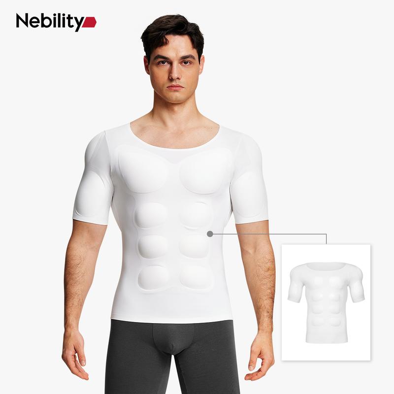 【Nebility】 Men’s Invisible Seamless Muscle-Enhancing T-Shirt with Removable Muscle Pads and Light Compression Function, Suitable for Everyday Wear, Cosplay, and Special Occasions