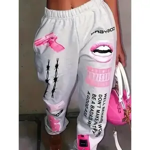 Lip & Letter Print Sporty Pants, Loose Fit Elastic Waist Jogging Women's Activewear Black Pink Street Style Comfy Joggers