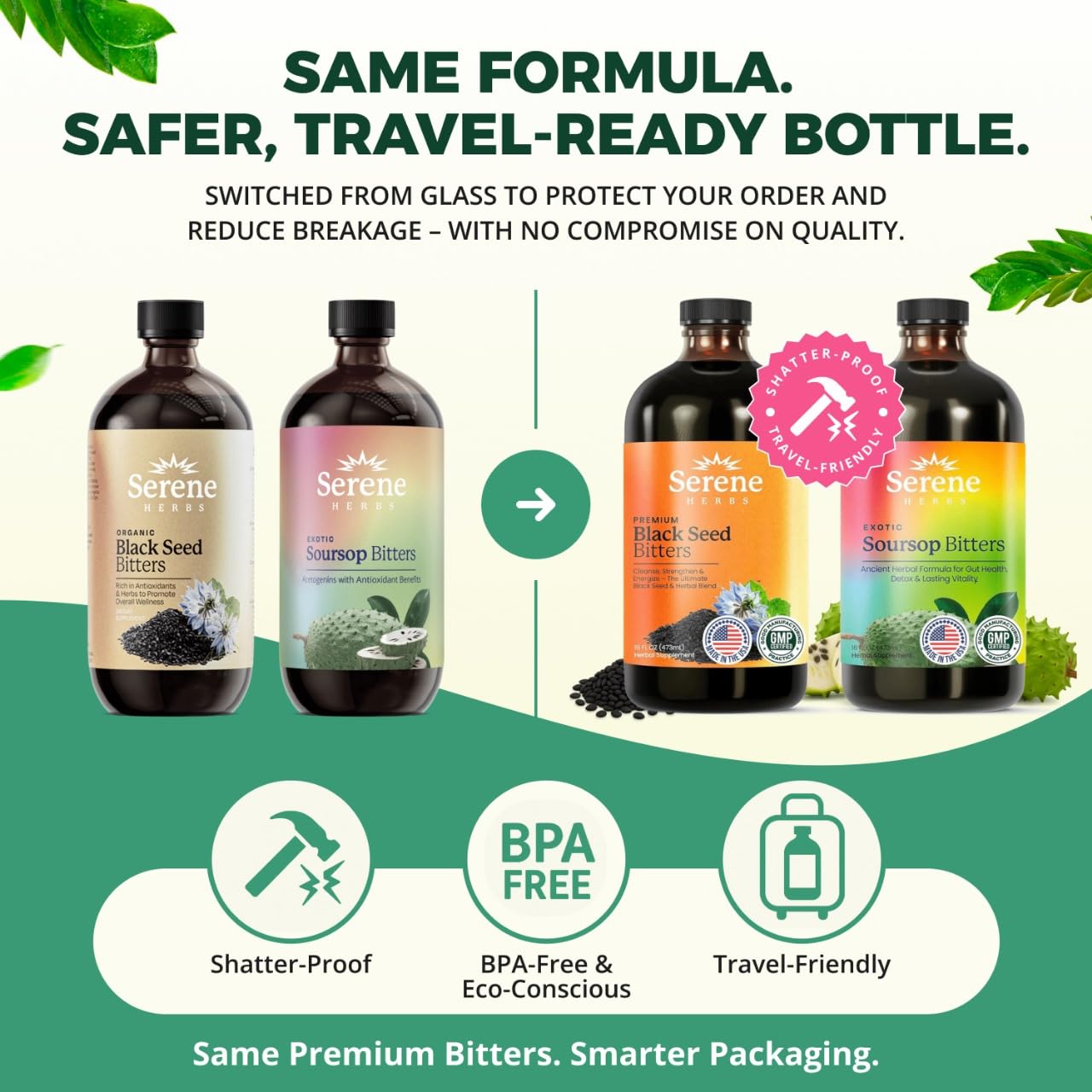 Serene Herbs Soursop & Black Seed Bitters Bundle | Organic Herbal Detox for Digestive Health Gut Healthy Booster Immune Support & Energy | Non-GMO, Vegan (32 fl oz, 16 fl oz Each)