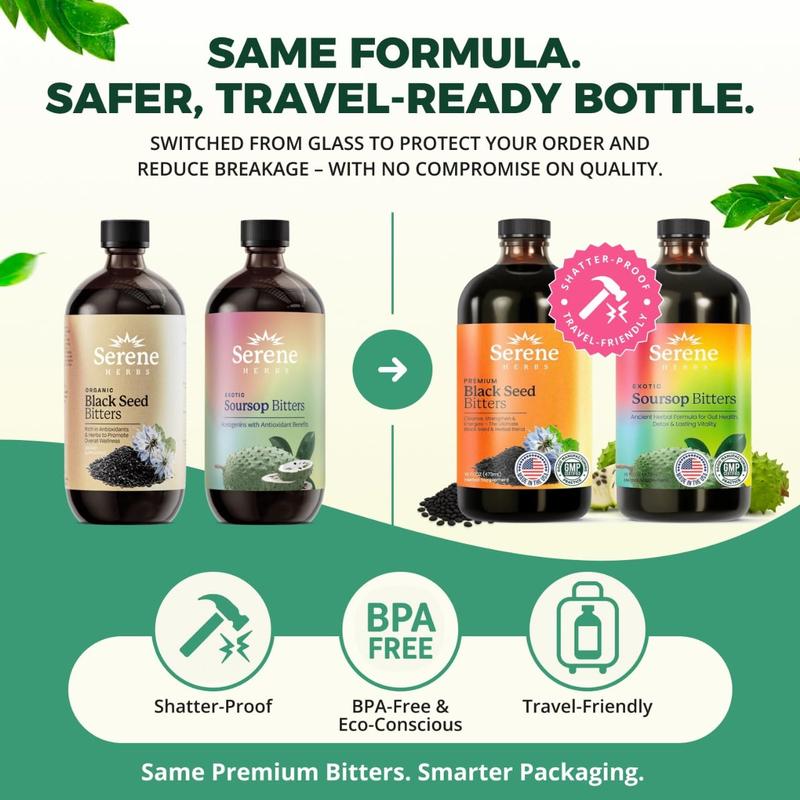 Serene Herbs Soursop & Black Seed Bitters Bundle | Organic Herbal Detox for Digestive Health Gut Healthy Booster Immune Support & Energy | Non-GMO, Vegan (32 fl oz, 16 fl oz Each)
