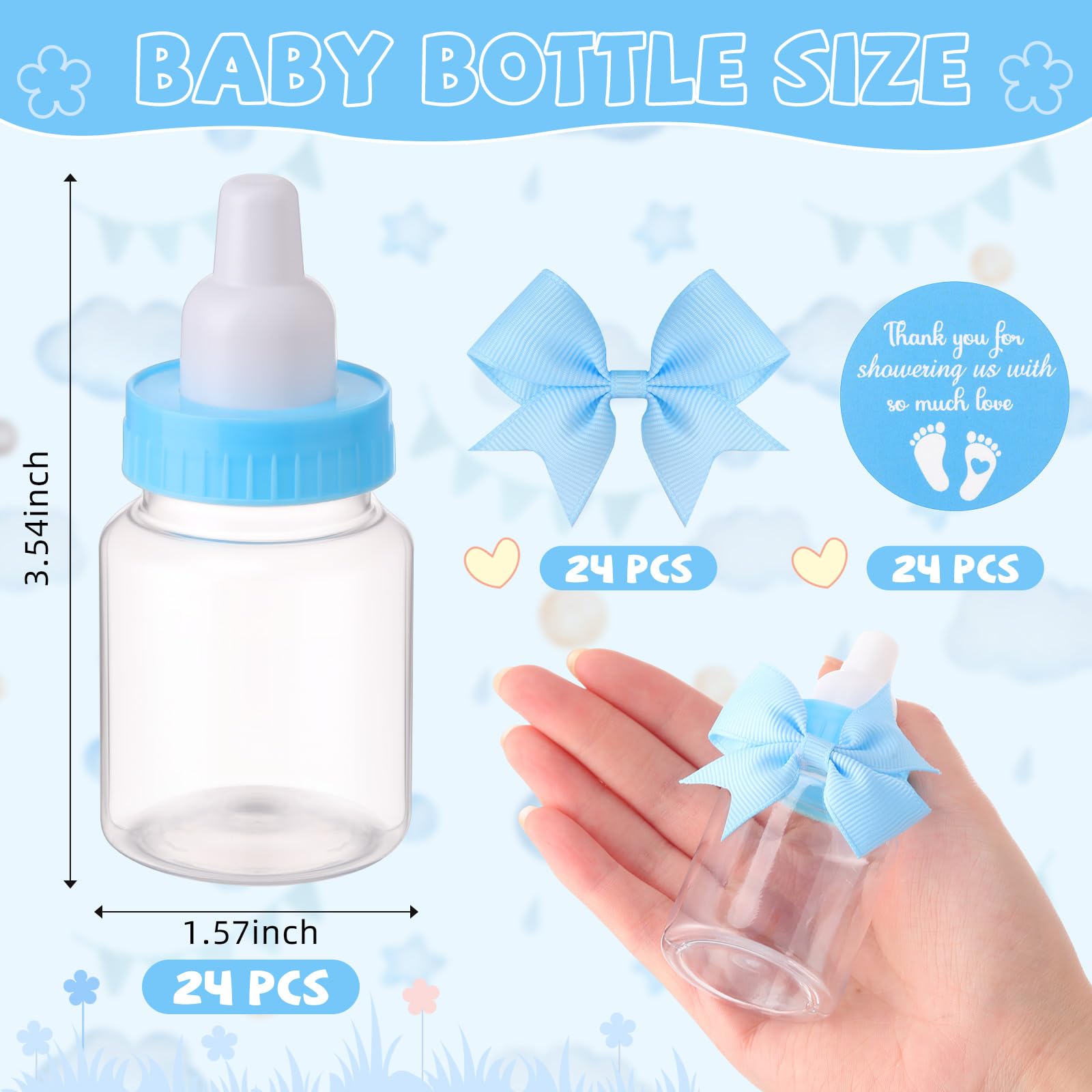 24/48 Pcs Baby Shower Prize Mini Baby Bottles Chug Plastic Milk Bottles Candy Baby Bottles with Thank You Showering Stickers and Bows Thank You Gifts for Guests,Birthday Party Baby Shower Favors Gift