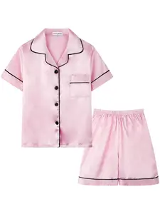 Kids Satin Pajamas Set - Cute Solid Pink Short Sleeve Top and Shorts 2 Piece Sleepwear for Toddler Girls Boys, Ultra Soft Silk Button Down Pjs Loungewear with Contrast Piping, Perfect for Summer Nightwear Pajama Party, Cozy Homewear Luxury Holiday Gift