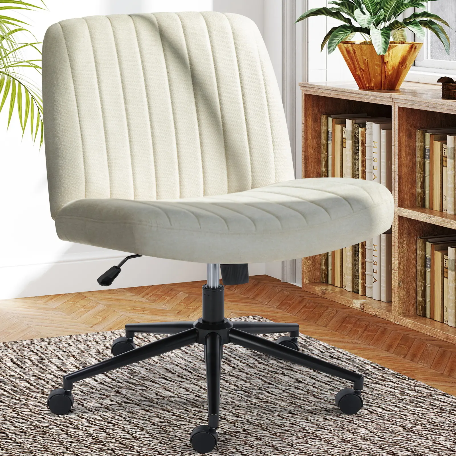 Sweetcrispy Criss Cross Chair - Blush Pink Plush 360° Desk Chair, Armless, Universal Wheels, Wide Seat, Height-Adjustable Dual-Purpose Base for WFH Office Furniture Setup, 360° Desk Chairs