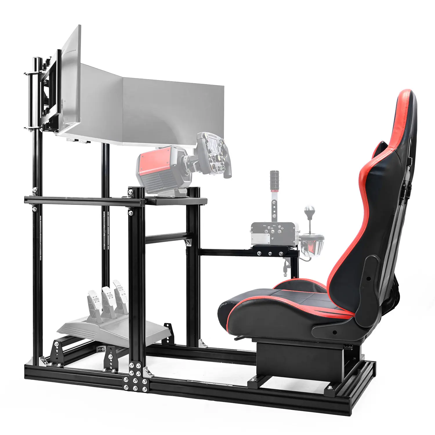 Dardoo 3060 Aluminum Racing Simulator Cockpit with Adjustable Red Ergonomic Gaming Chair, Triple Monitor Mount, Compatible with G29, G920, G923, T500, T818, T80, T128 Racing Wheels (Wheel, Pedals, Handbrake Not Included), Adjustable Gaming Chair, Video Ga