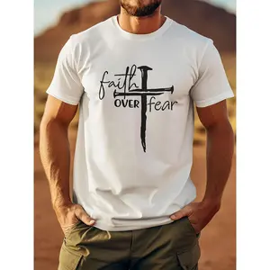 [FAITH OVER FEAR T-Shirt] Comfortable Breathable Short Sleeve T-Shirt - FAITH OVER FEAR Men'S Front Printed Casual Top For Summer, Spring And Fall