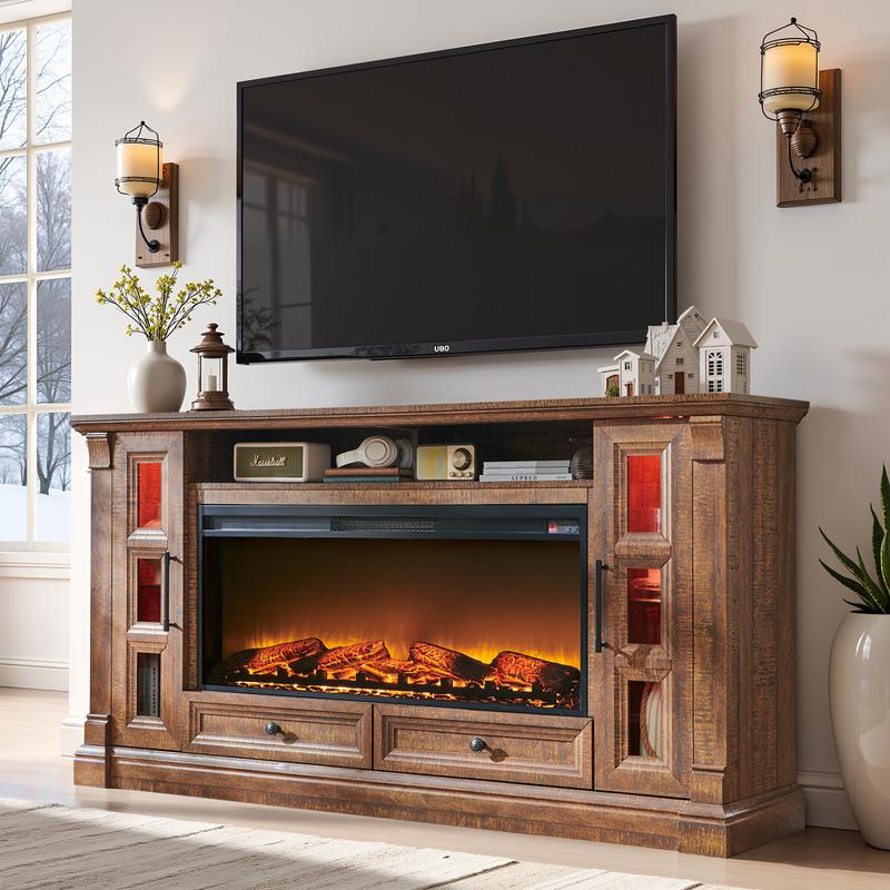 OKD 70" Wall-Mounted Rustic TV Stand – 42" Electric Fireplace, 2 Glass Cabinets & 2 Drawers, Open Shelves, Farmhouse Entertainment Center / Media Console for Living Room