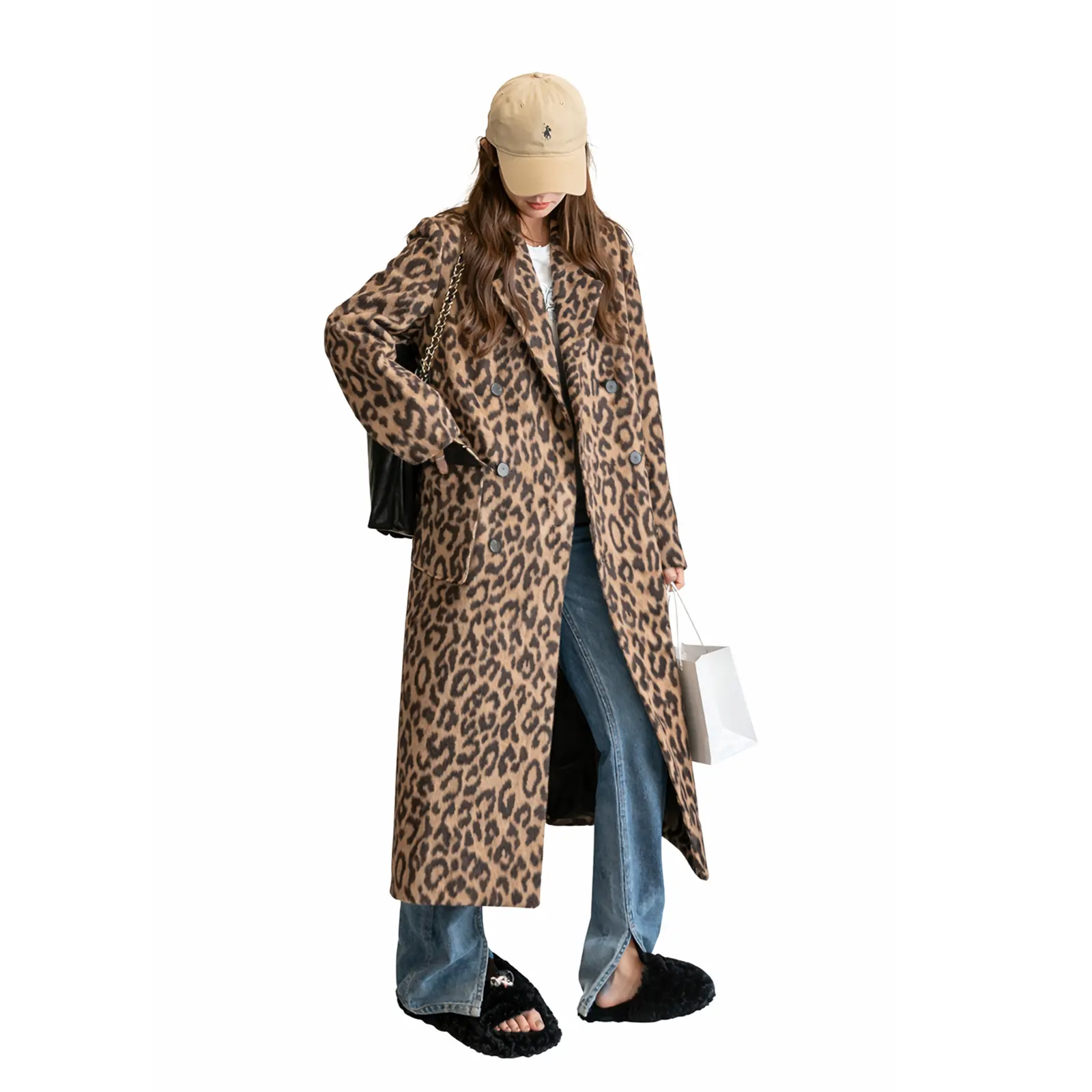 utcoco Women's Double-Breasted Leopard Print Trench Coat, Long Wool Blend Warm Winter Outerwear with Notched Lapel, Clothes For Women,back to school,back to school shopping,clothes for back to school,first day of school outfits