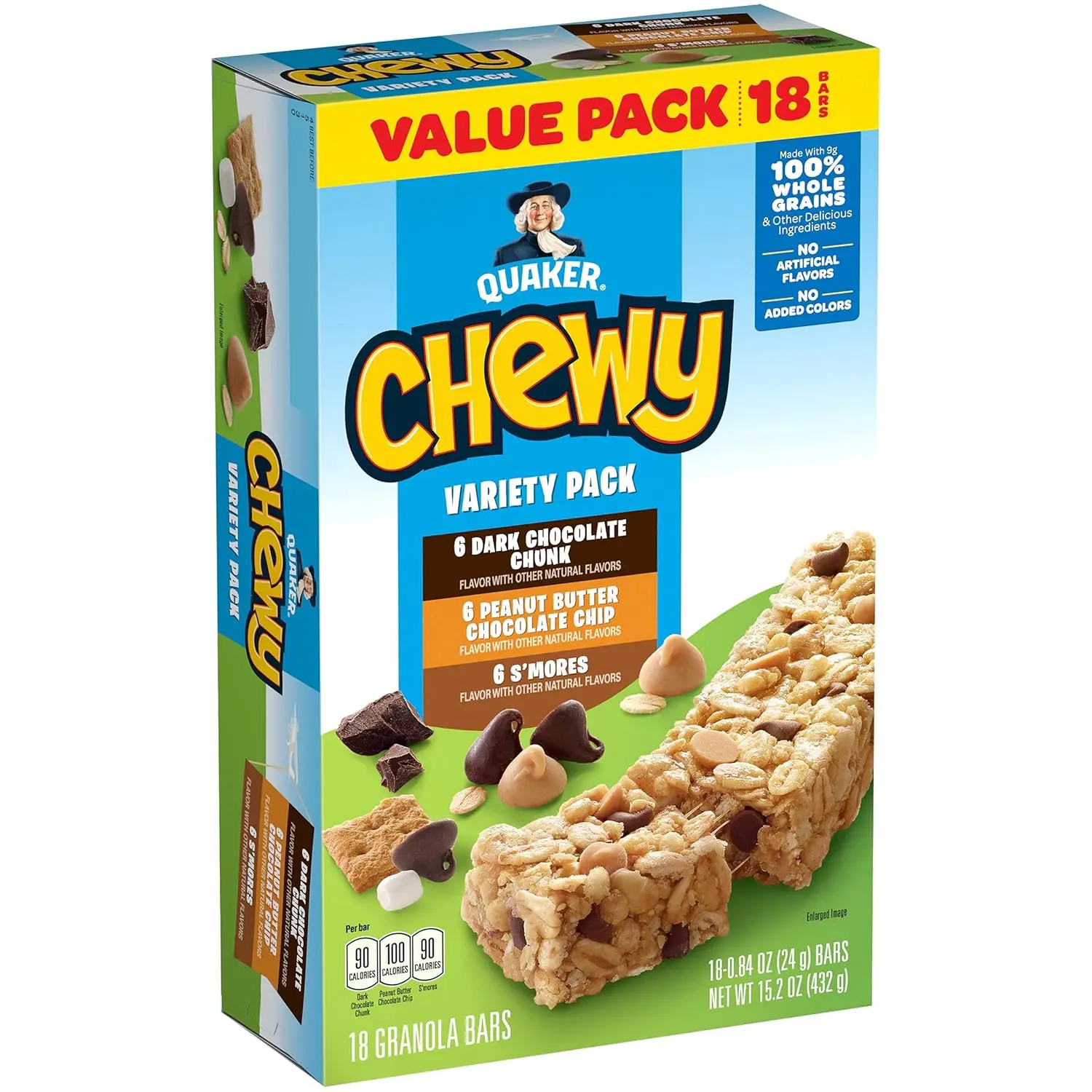 Quaker Chewy Granola Bars - 18-Count Variety Pack Snack with Whole Wheat Flour, Semisweet Chocolate Chips, Milk, Peanut, No Artificial Flavor, S’Mores Options