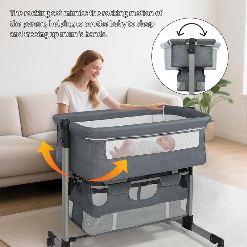 Baby Bassinet Bedside Crib Sleeper, Rocking Bassinet with Breathable Mesh Mattress Mosquito Net Adjustable Height Storage Net Bag Wheels Easy Folding Portable Bed for Infant Newborn