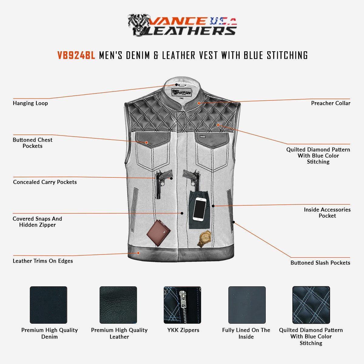 Men's Denim & Leather Motorcycle Vest with CCW Pockets and Blue Stitching