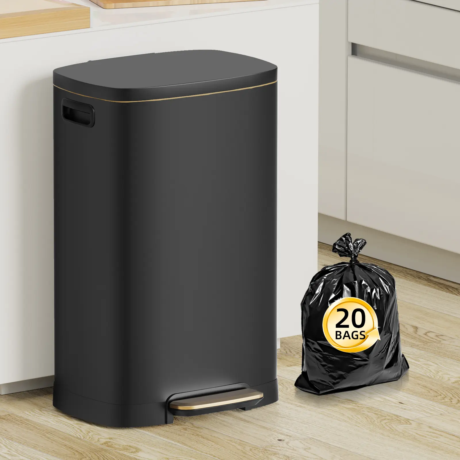 KSSKSS 13 Gal (50L) Tall Stainless Steel Kitchen Trash Can - Step Pedal Garbage Can with Soft-Close Lid, Removable Inner Bucket, Waterproof Steel Body, Ideal for Home Office (Black), Garbage Cans