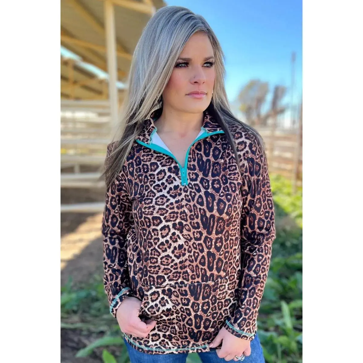Women's Animal Print Quarter-Zip Pullover Hoodie - Long Sleeve Cotton Rayon Spandex Blend Sweatshirt with Turquoise Zipper, Women's Tops