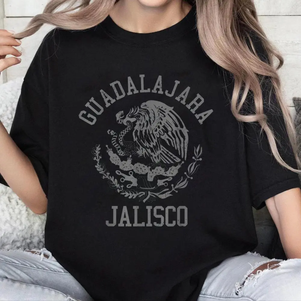 Women's 100% Cotton Graphic T-Shirt - All Seasons, Cute, Normal Type, Pull On, Vintage Print, Distressed Look, Mexican Pride, Guadalajara Jalisco Theme, Round Neck, Casual Streetwear