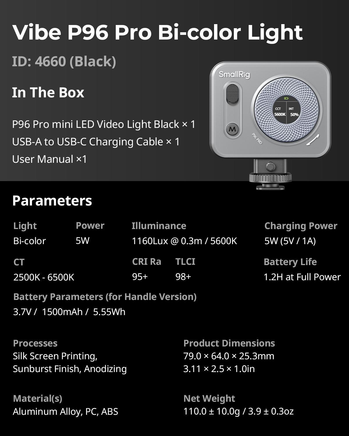 SmallRig P96 LED Mini Ring Light, Video Light,96 LED beads for Photography Video Lighting, Rechargeable 2200mA CRI 95 + 2700-6500K w 3 cold shoes Christmas gifts  Portable Camera Accessories Videography Equipment Vlogging Kit