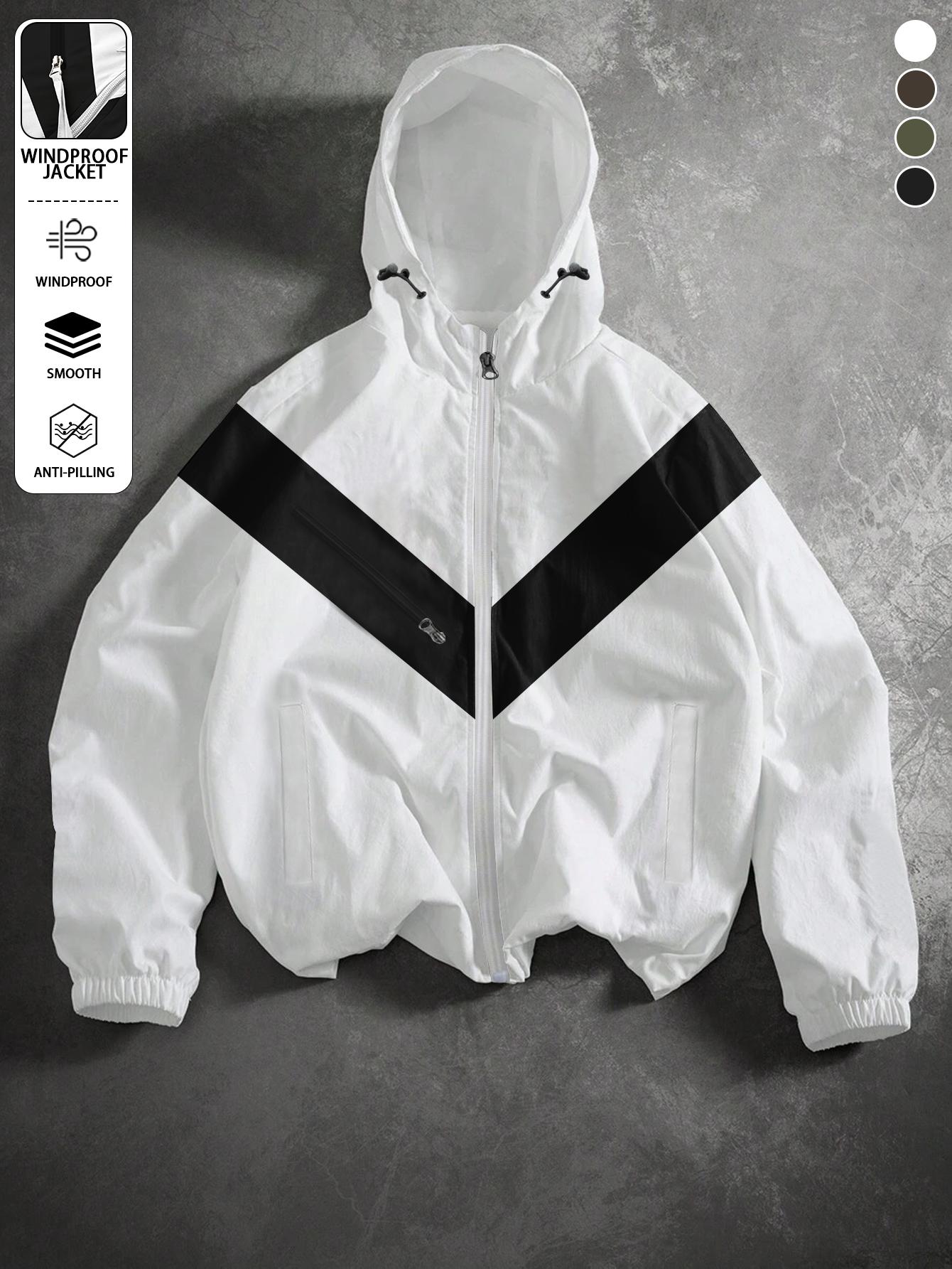 Men’s color-block lightweight hooded jacket made from windproof, abrasion-resistant fabric featuring slanted zip pockets—ideal for streetwear, trendy gatherings, everyday casual wear, and commuting; a versatile, lightweight jacket suitable for spring and