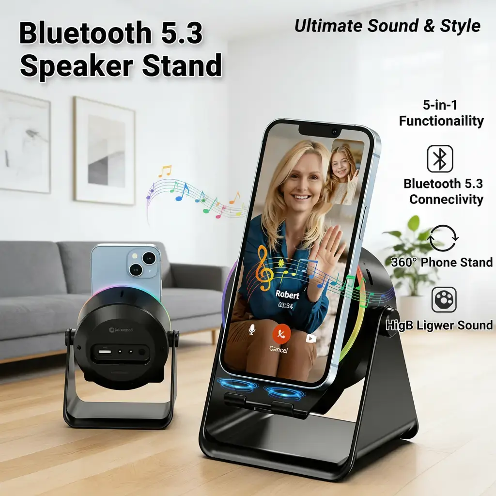 5-in-1 Bluetooth 5.3 Audio Speaker - Adjustable 360° Smartphone Holder, RGB Light, High-Power Portable Wireless Induction Device, Cool Tech Gadget Gift for Men