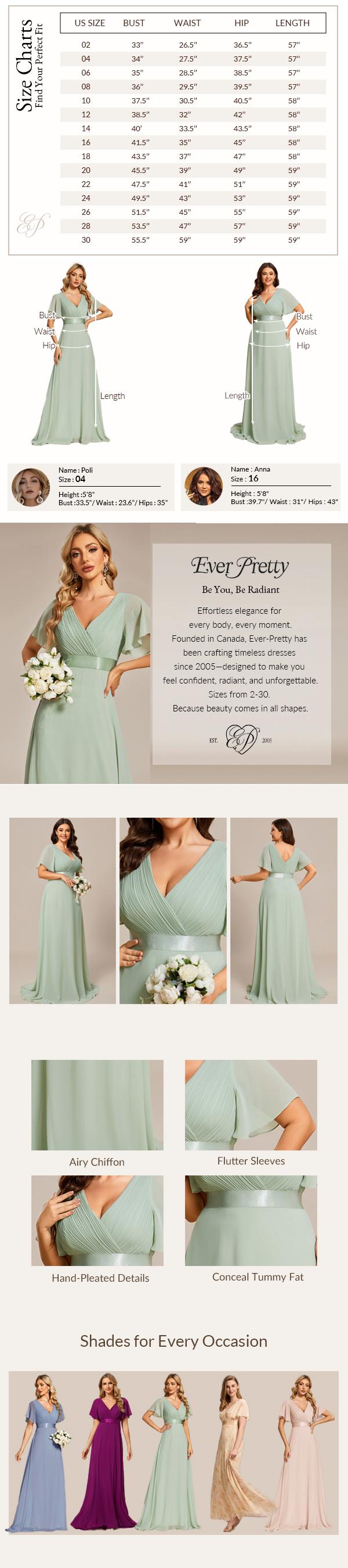 Ever-Pretty 2026 Valentine dress Elegant Chiffon Maxi Gown with Deep V-Neck, Flutter Sleeves and Satin Waistband for Wedding Guest dress , Bridesmaid Maxi Dress with Short Flutter Sleeves 09890 Elegance Womenswear