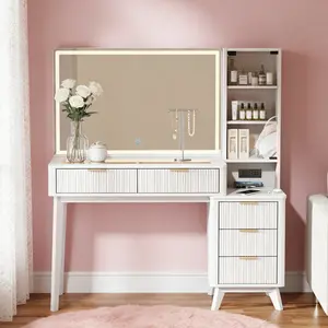OKD 48" Fluted Makeup Vanity Desk with 36" Large Lit Mirror, Wooden Bedroom Vanity with Lights & Glass Top, Charging Station