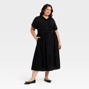 Women's Short Sleeve Tie-Front Midi Shirtdress - Ava & Viv
