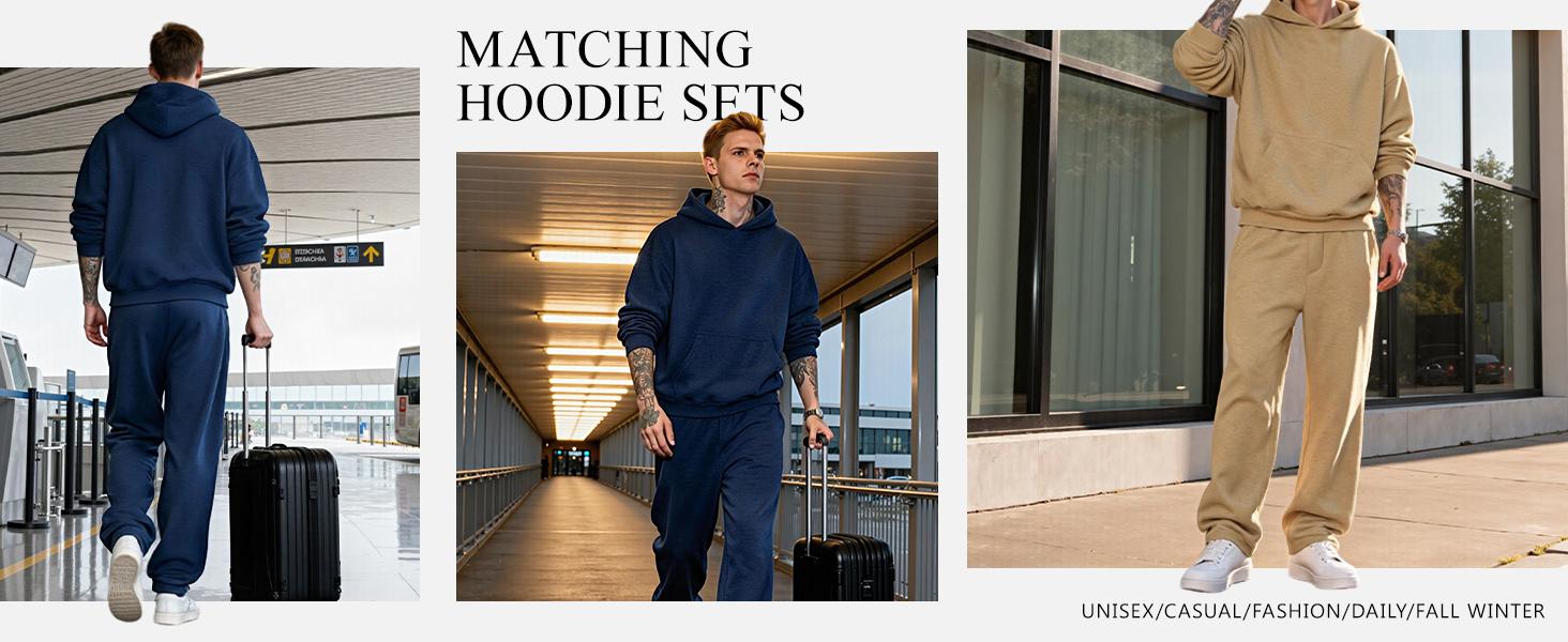 GINGTTO Matching Hoodie Set for Men Winter, 2 Piece Tracksuit, Oversized Hoodie & Sweatpants, Unisex Casual Outfits, Solid Streetwear, Warm Sweatsuit