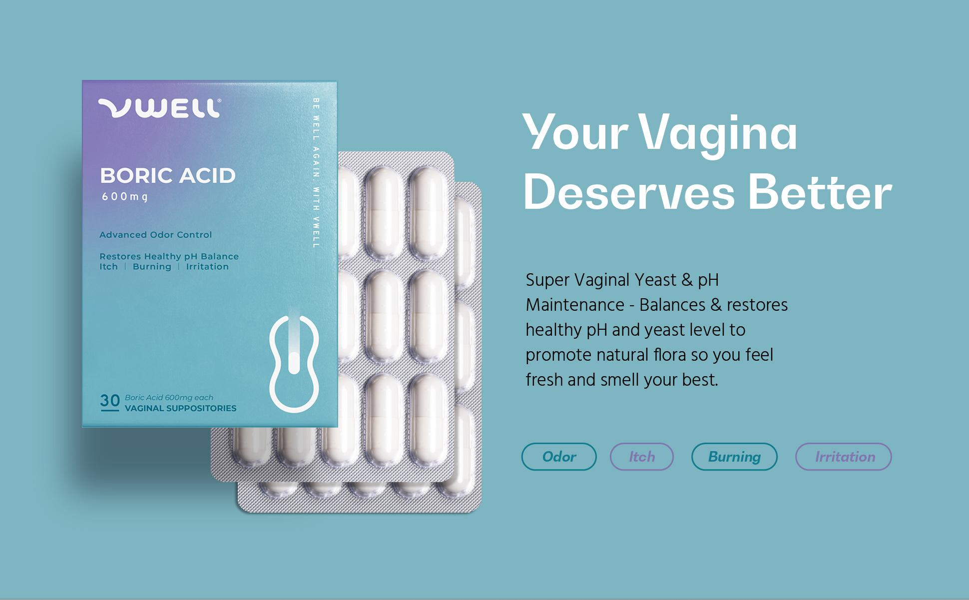 VWELL Boric Acid Vaginal Suppositories 30 Counts Blister Pack - Maintains and Balances Healthy Vaginal pH & Microbiome to Manage Odor Itch Burning Irritation Intimacy - Doctors Recommended for Women