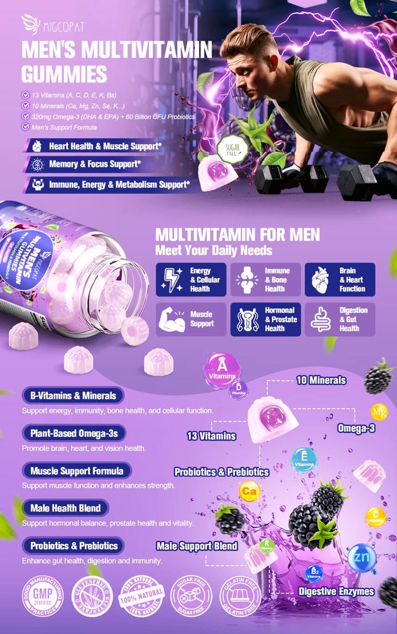 Mens Multivitamins Gummies w/Omega-3, Probiotics, Inositol, Folate, Biotin, Zinc, Vitamins A, C, D, E, B, - Support Heart, Brain, Muscle, Energy, Sugar-Free, Blackberry Flavor Male Performance Support Supplement Fitness Healthcare