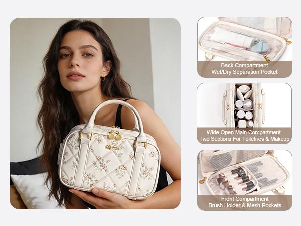 Bagstellar Wide-open  Makeup Bag, PU Leather Toiletry Bag for Women, Quilted Travel Bag Organizer Water-resistant Cosmetic Bag with Handle for Toiletries, Essentials, Accessories