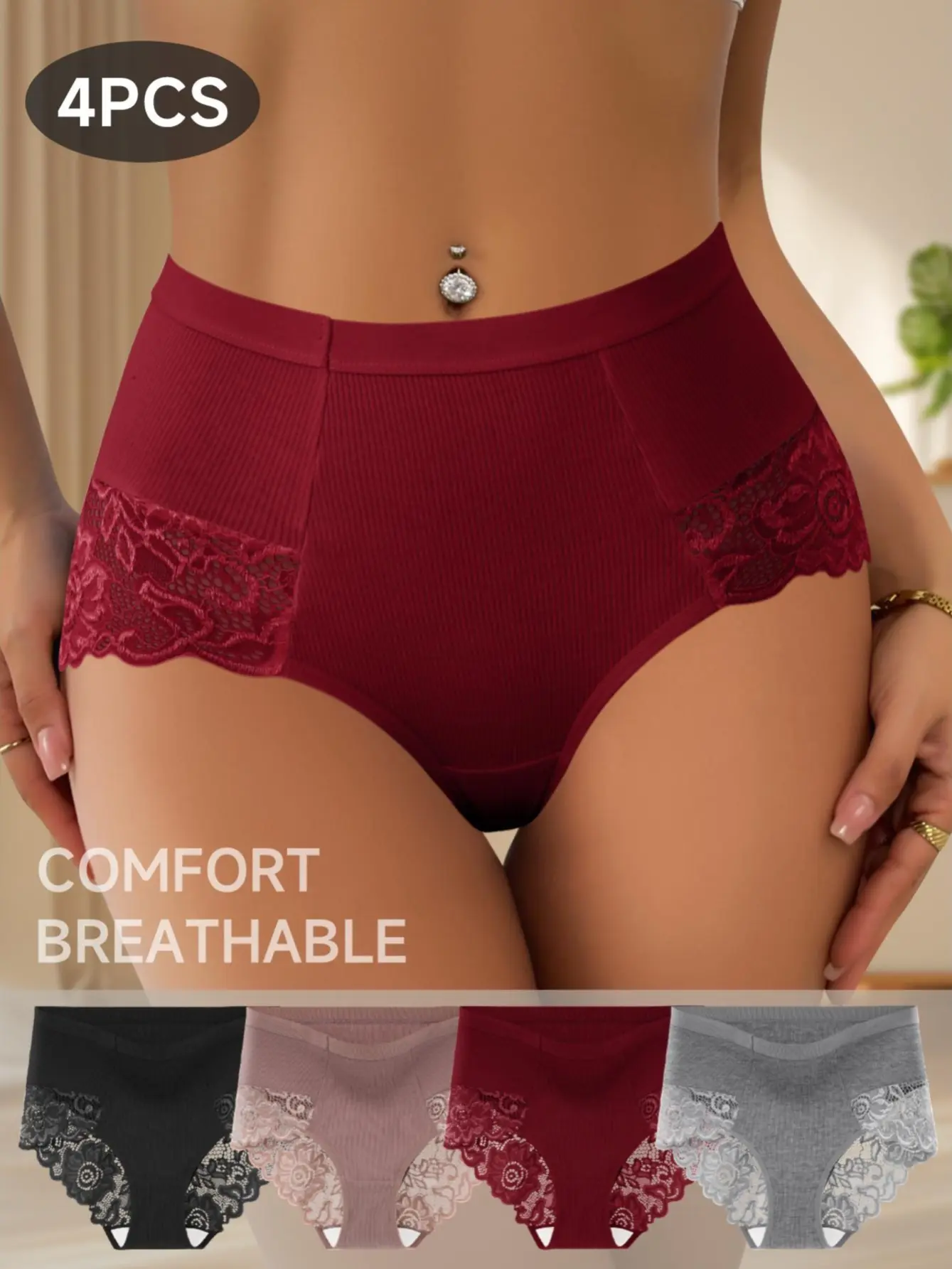 QUASTI 4 Pack Assorted Contrast Lace Panty Set, No Trace Mid-Waist Hipster Underwear, Ribbed Cotton Floral Wavy Edge Lace Brief, Breathable Stretch Full Coverage Lady Panty, Casual Elegant Comfortable Everyday Wear Intimate Panties for Women, S-XXL Summer