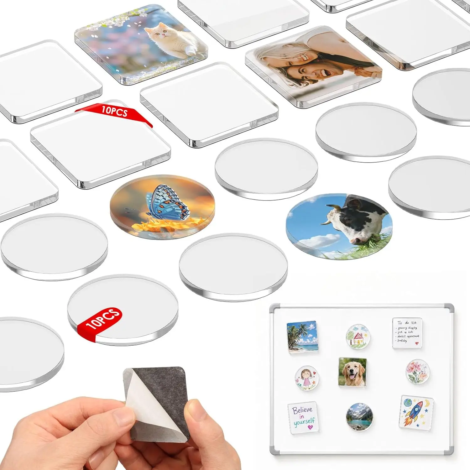 20 Pcs DIY Fridge Magnets, 2 inch DIY Magnet Kit Craft Set, Clear Acrylic Square Round Decorative Customizable Refrigerator Magnet with Adhesive Backing for Office Classroom Cabinet Kitchen