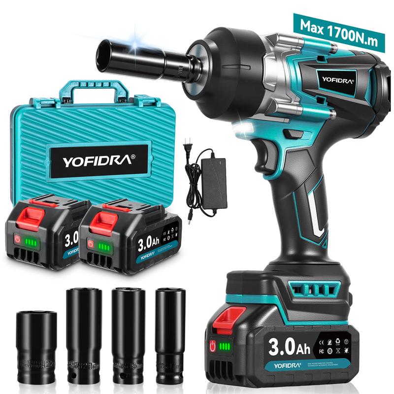 YOFIDRA Cordless Impact Wrench 1/2" Drive 1700Nm High Torque Power Tool Kit, 3-Speed Brushless Electric Wrench with 2×3.0Ah 1500mAh Batteries, Fast Charger, 17/19/21/22mm Sockets, LED Light, Compatible with Makita 18V Battery half inch