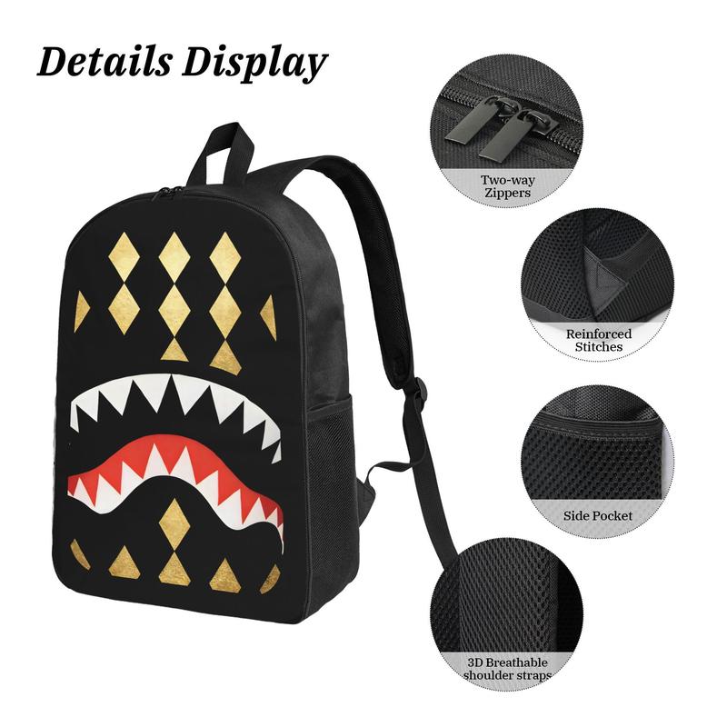 Hip Hop Shark Mouth Backpack - Black & Gold Argyle Diamond Pattern Streetwear School Bag