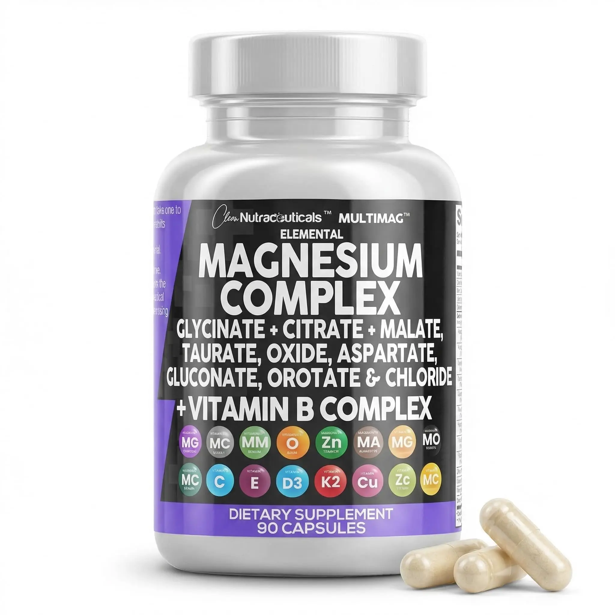 Clean Nutraceuticals Magnesium Complex with Glycinate, Citrate, Malate, Taurate, Oxide, Aspartate, Gluconate & More for Men & Women Supplement Capsules – MultiMag