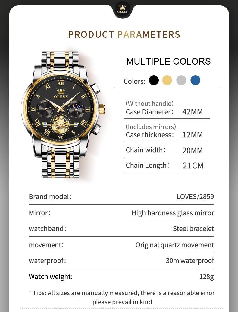 OLEVS Men's Chronograph Quartz Watch G2859 Stainless Steel Waterproof Luminous Date with Luminous Hands, 41 mm Diameter, 20 mm Band Length Casual Trendy Wristwatch OLEVS Men's Chronograph Quartz Watch G2859 Stainless Steel Waterproof Luminous Date with Luminous Hands, 41 mm Diameter, 20 mm Band Length Casual Trendy Wristwatch