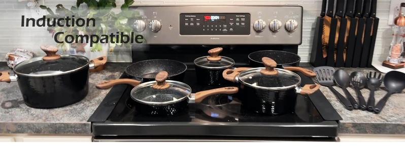 [New Year] Kitchen Academy Premium Cookware Sets - 15 Piece Triple Coated Nonstick Aluminum Composition for Oven, Stovetop Pot Pans Cast Iron Skillet Casserole