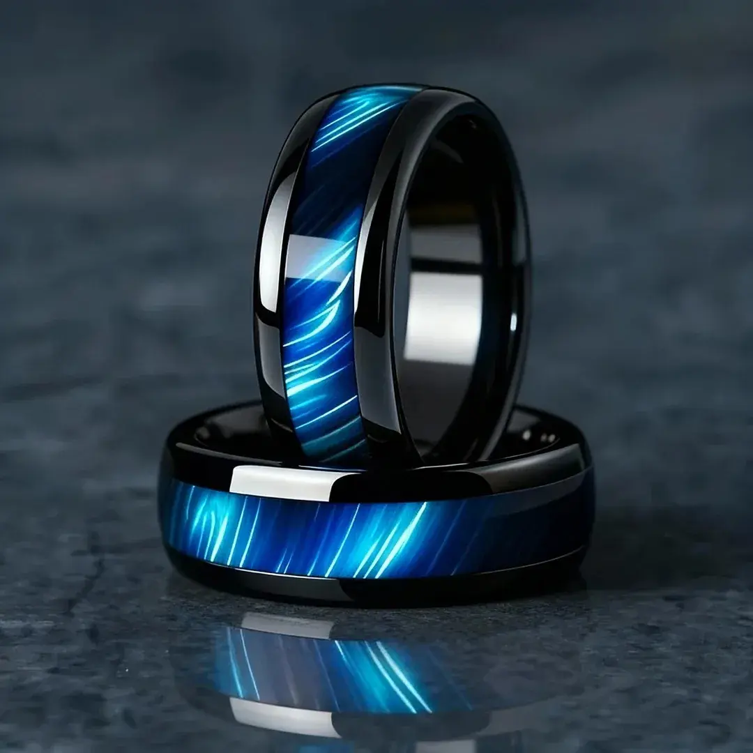 Blue Abalone Shell Inlay Rings for Men, Fashion 8mm Black Brushed Men Stainless Steel Rings, Wedding Band Jewelry Gift