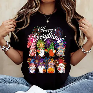 Happy Everything Gnomes And Fireworks Print Tshirt  Short Sleeve Casual Tee For Women Party Celebration Wear