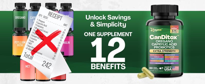 Zoyava CanDitox Supplement - Candida Cleanse All-in-One Supplement for Gut and Colon Support with 12+ Extra Strength Ingredients, 60 Capsules, MADE IN USA