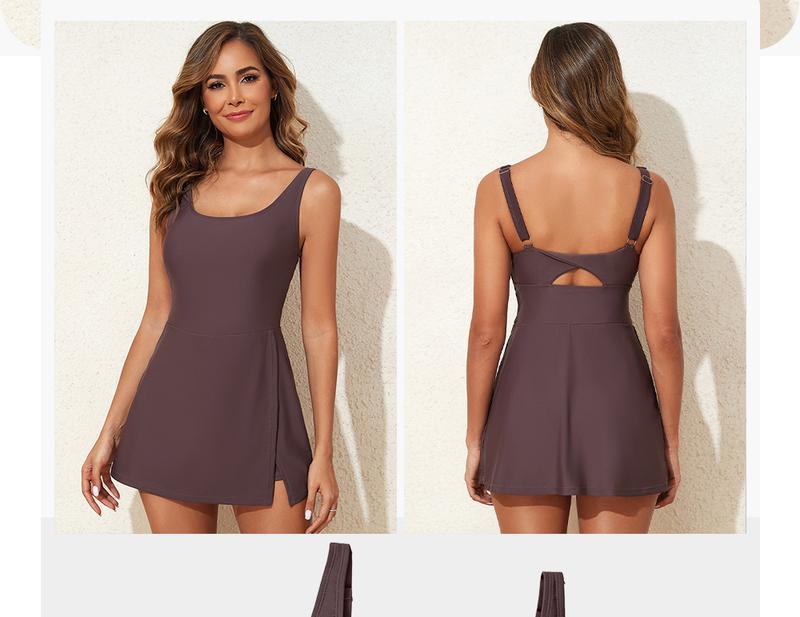 Aleumdr One Piece Swimdress Swimsuit for Women Tummy Control Split Hem Skirt Bathing Suit with Pockets Fabric