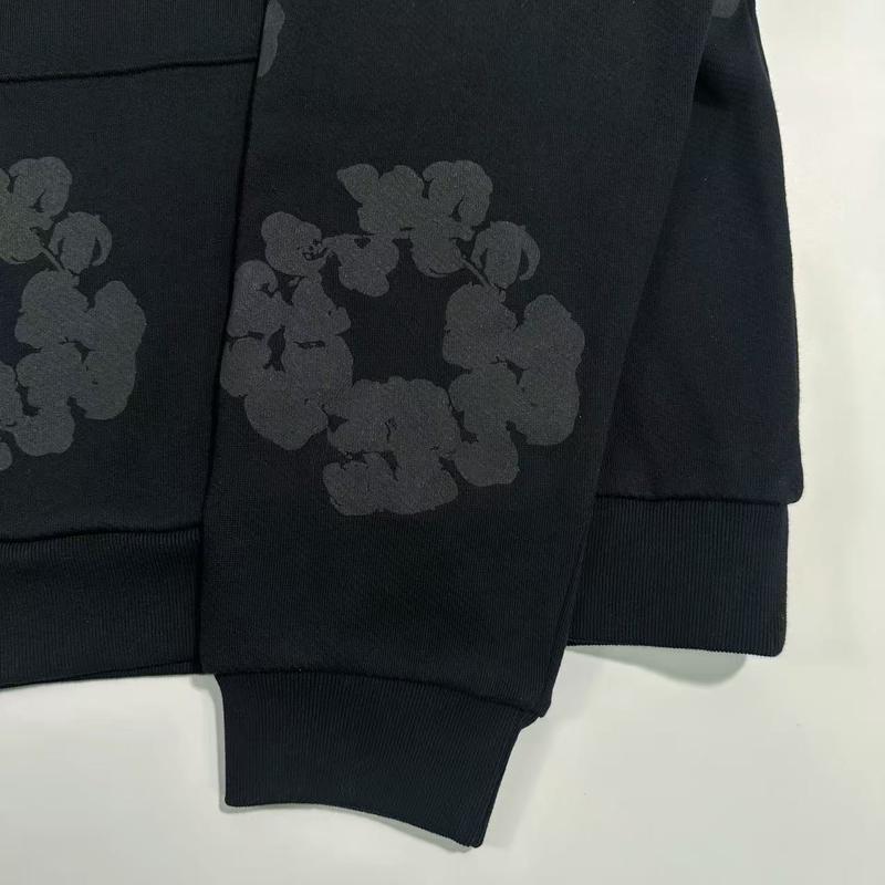 Floral Denim Hoody Trs Flower Pullover Hip Hop Unisex Streetwear Top Comf Casual Basic Long Sleeve Outfits ALL Black SpringFloral Floral