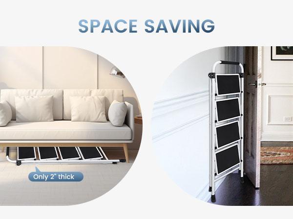 44 Inch Iron Stepstool, 4 Folding Stepstool with Non-Slip Pedals and Comfortable Handrails, Sturdy Steel Ladder Portable Heavy Duty Stepstool for Kitchen, Garage and Outdoor Use, black